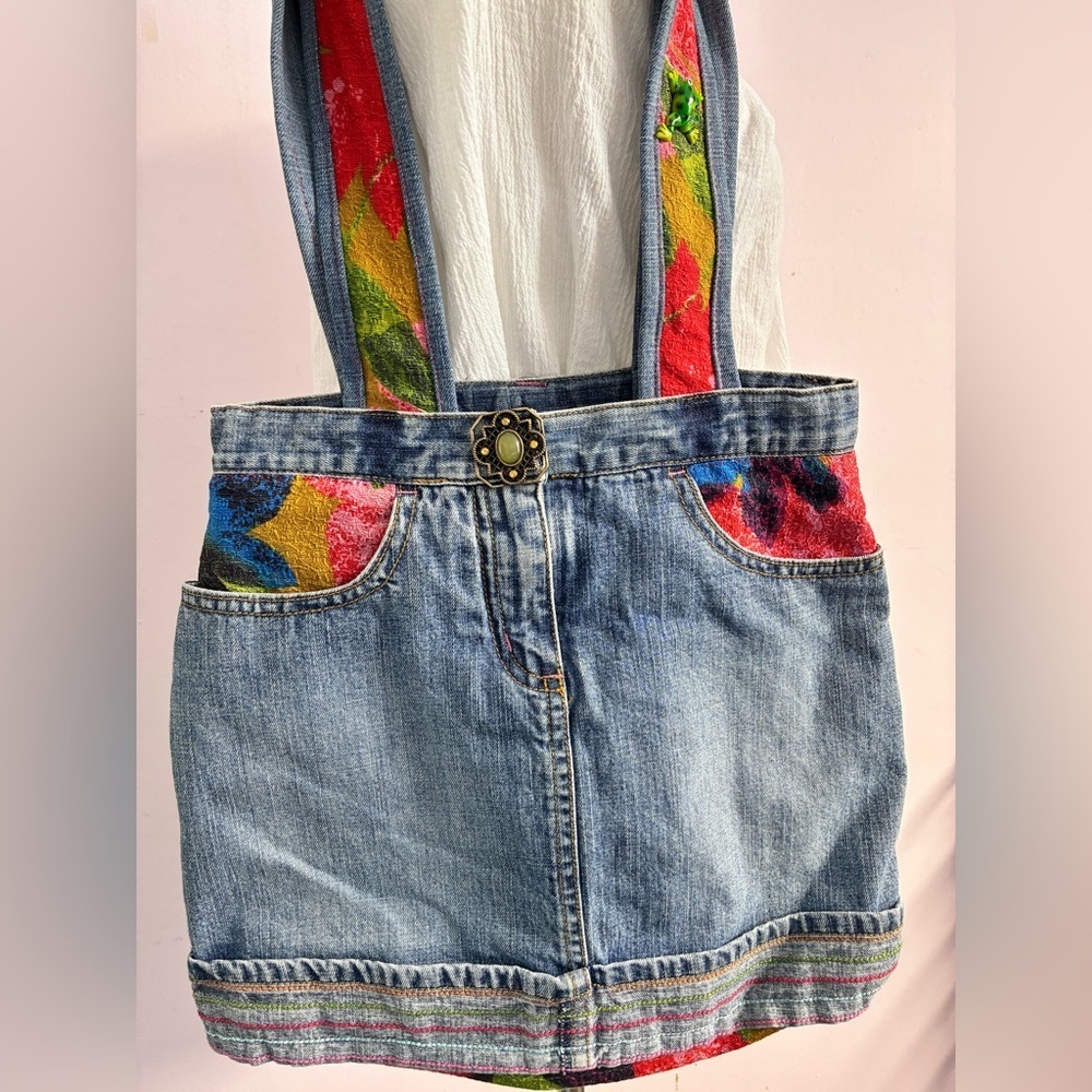 Handmade/Upcycled Distressed Denim Shoulder Bag, Multicolored; Casual/Street/Art